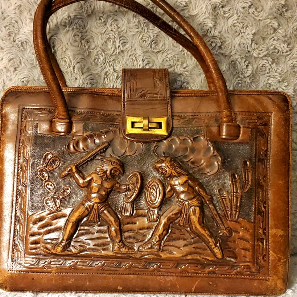 Antique carved leather Purse - Mayan
